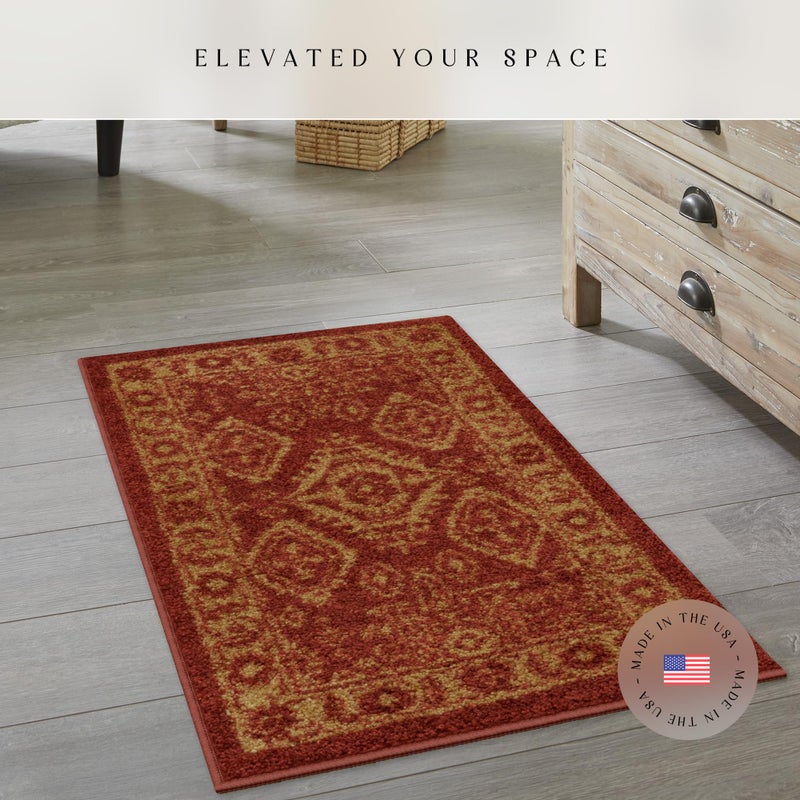 Maples Rugs Georgina Traditional Area Rug â€“ Made in USA â€“ Washable, Non Slip Indoor Carpet for Entryway, Foyer, Kitchen, and Bathroom, 1'8 x 2'10, Red/Gold - Image 2